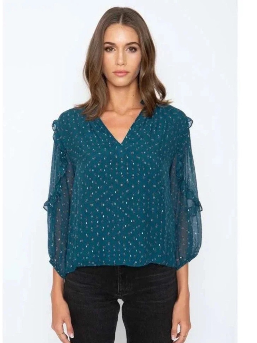 Cabellero Gracie Metallic Dot Emerald Silk Chiffon Ruffle Blouse XS